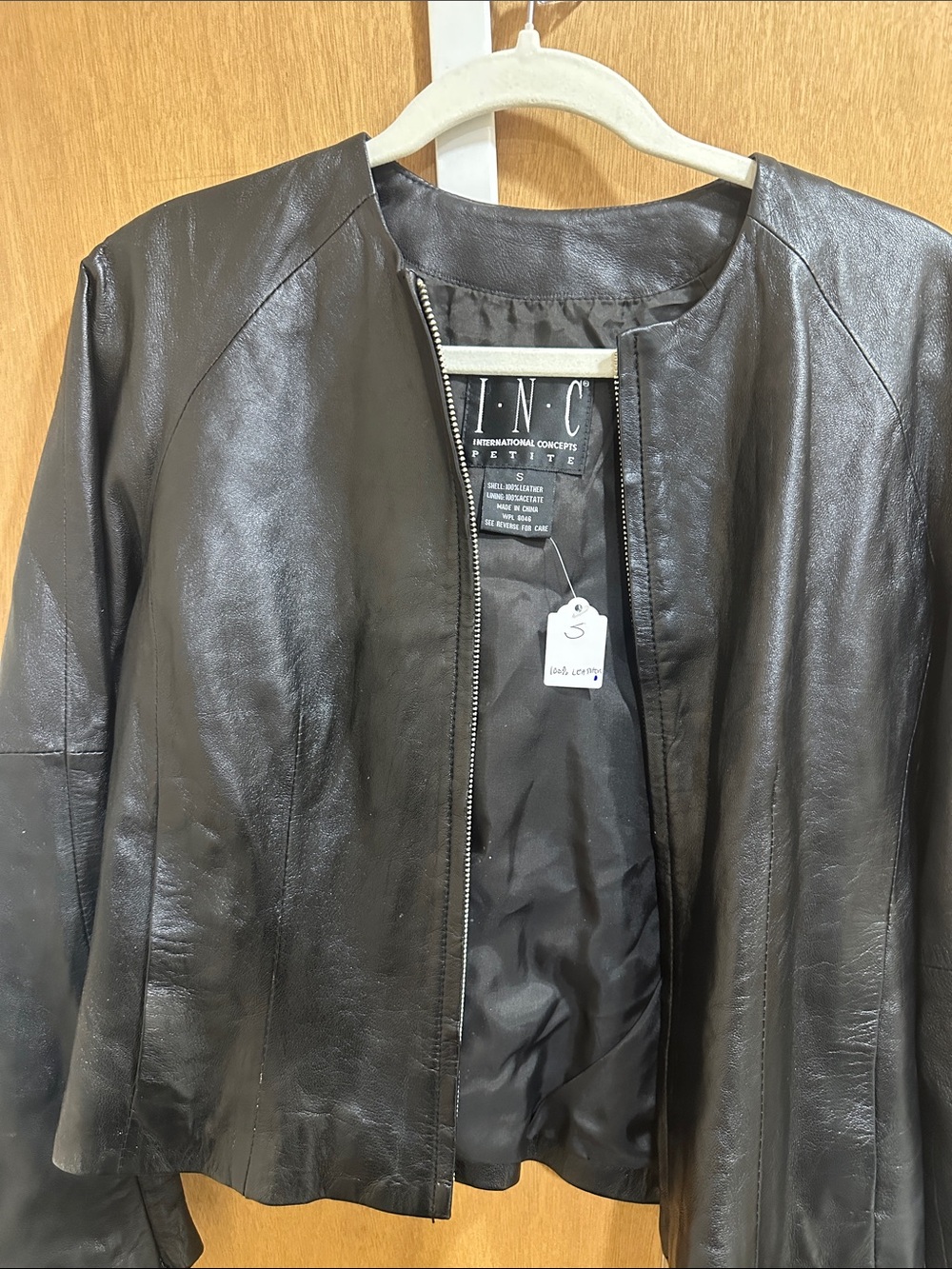 INC International Concepts Women's Black lambskin Leather Collarless Zip Jacket
